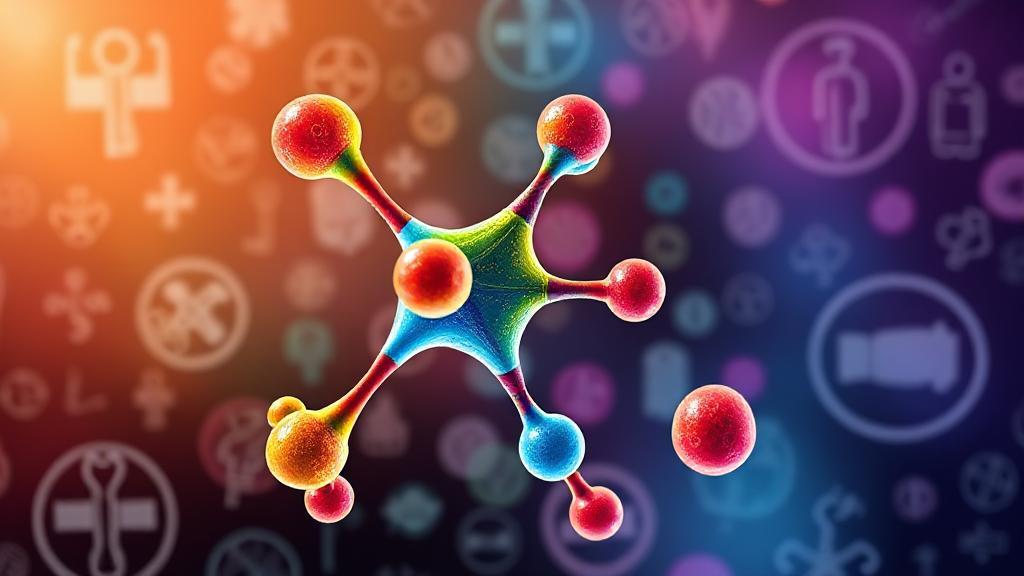 A vibrant illustration of a molecular structure with a background of medical symbols, representing the scientific exploration of semaglutide's effects and applications.