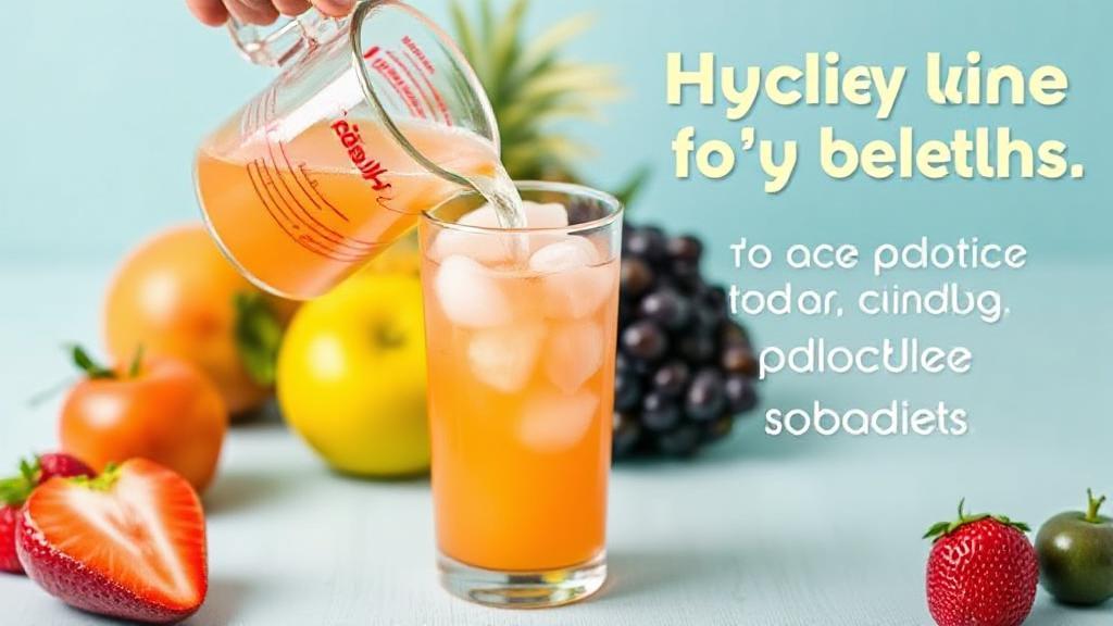 A vibrant image featuring a measuring cup pouring Pedialyte into a glass, surrounded by colorful fruits, symbolizing hydration and health for both adults and children.