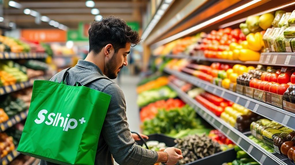 A vibrant image of a Shipt shopper selecting fresh produce in a grocery store aisle, symbolizing the convenience and efficiency of the Shipt service.