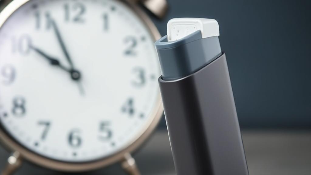 A close-up image of an inhaler with a clock in the background, symbolizing the onset time of Trelegy.