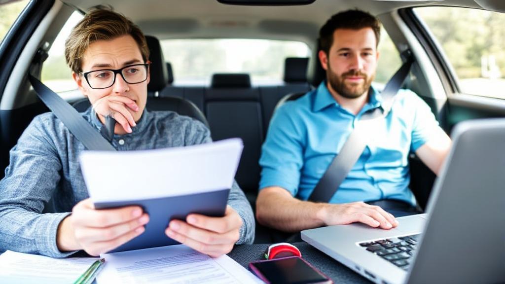 A thoughtful driver reviews insurance documents with a calculator and a laptop, symbolizing the decision-making process for selecting adequate Personal Injury Protection (PIP) coverage.