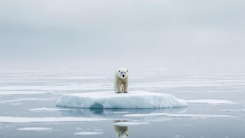 A poignant image of a solitary polar bear standing on a shrinking ice floe, symbolizing the urgent threat of extinction and its global ecological impact.