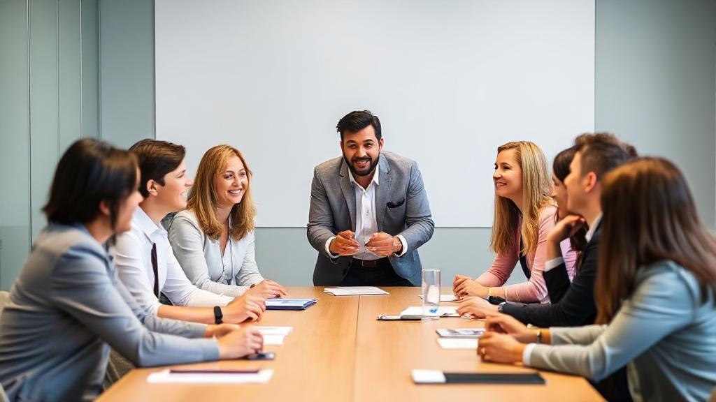 A diverse group of professionals engaged in a lively discussion around a conference table, symbolizing collaboration and learning in an MBA program.