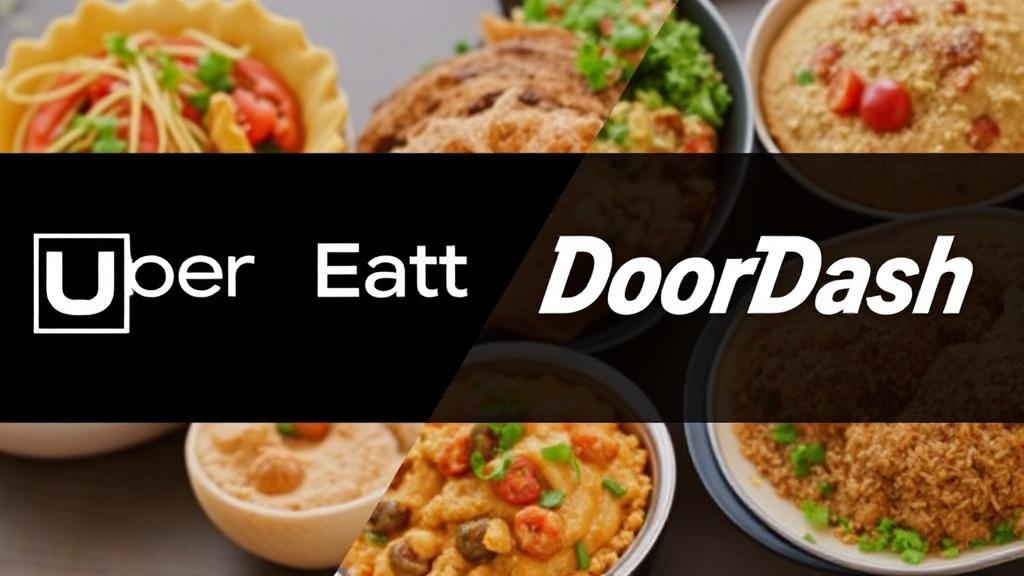 A split-screen image featuring the UberEats and DoorDash logos with a background of diverse food items being delivered.