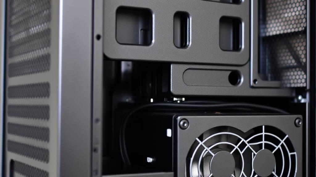 A close-up image of a computer case with the side panel removed, highlighting the position of the power supply unit at the bottom rear corner.