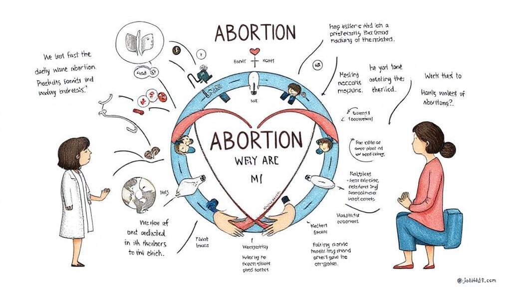 A thoughtful illustration depicting the complex and multifaceted aspects of abortion, symbolizing the intersection of medical, ethical, and personal dimensions.