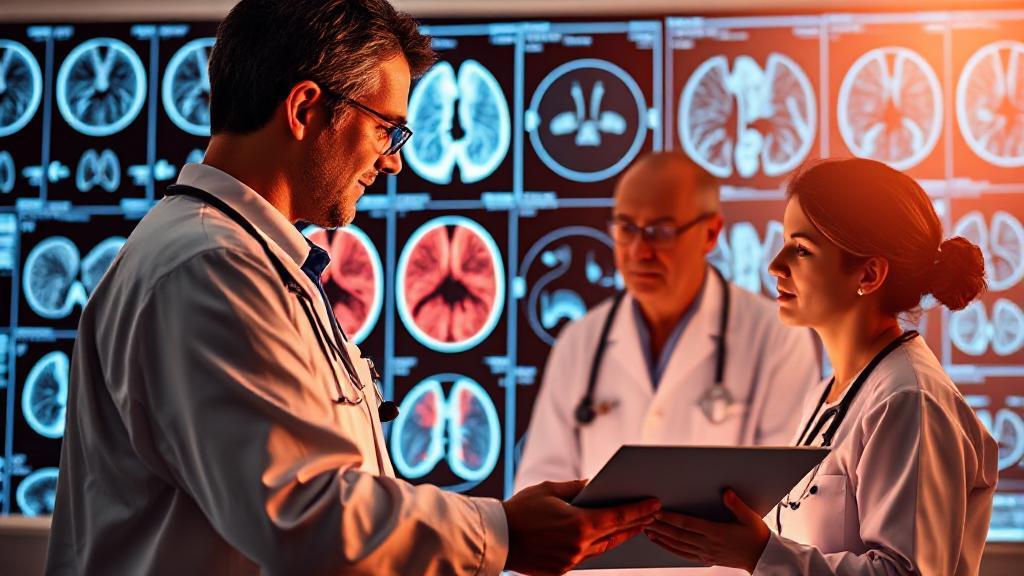 A hopeful depiction of medical professionals collaborating over advanced imaging scans, symbolizing progress in lung cancer treatment and research.