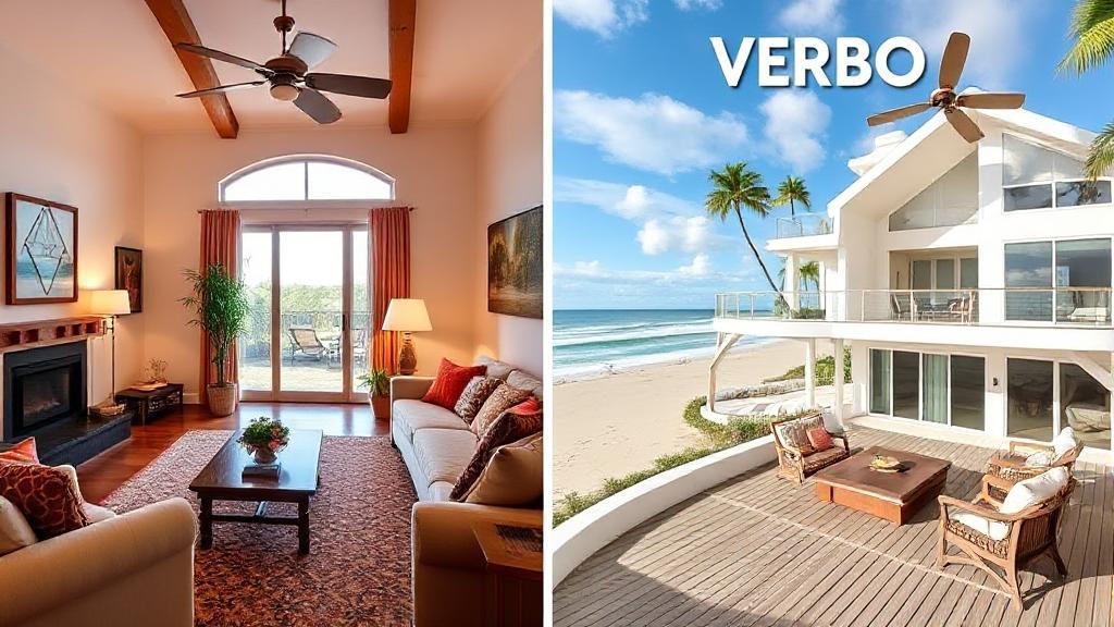A split-screen image showcasing a cozy Airbnb living room on one side and a luxurious VRBO beach house on the other, highlighting the diverse vacation rental options.