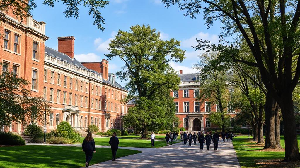 A picturesque campus scene with historic buildings and students in uniforms walking along tree-lined pathways.