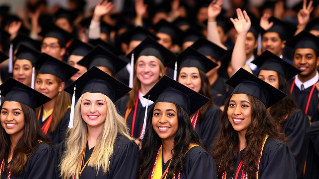A diverse group of students in graduation caps and gowns celebrating with diplomas, symbolizing the achievement and opportunities of earning an associate degree.