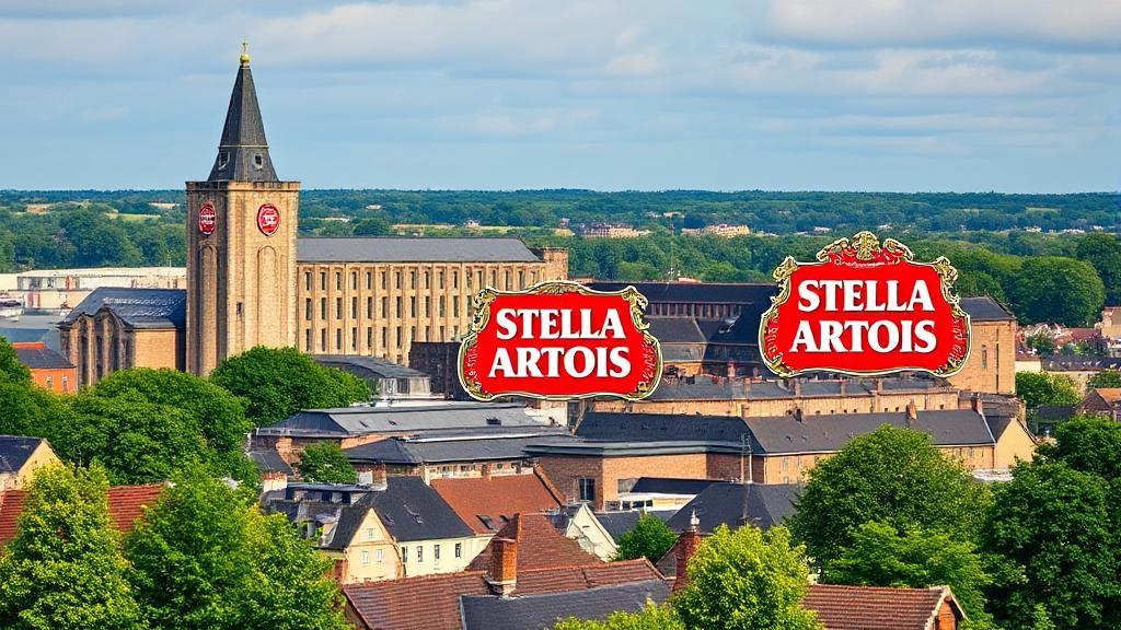 A scenic view of the historic Stella Artois brewery in Leuven, Belgium, with its iconic logo prominently displayed.