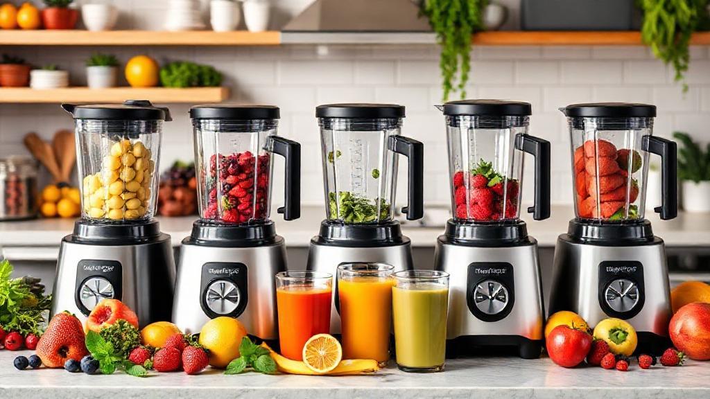 A vibrant kitchen scene featuring a lineup of modern blenders surrounded by fresh fruits and colorful smoothies.