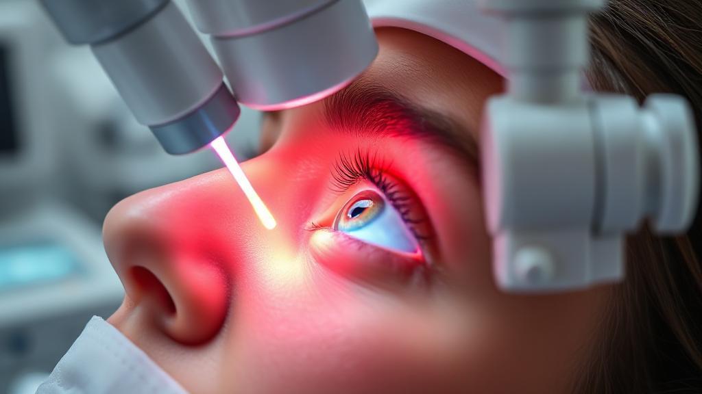A close-up image of a patient undergoing laser eye surgery, with a focused laser beam and medical equipment in a sterile operating room setting.