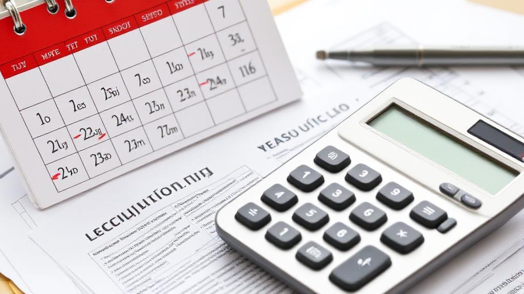 A calendar marked with important tax deadlines and a calculator resting on a stack of tax documents.