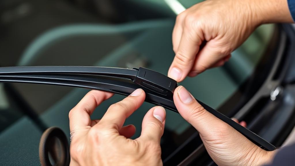 A close-up image of hands installing a new windshield wiper blade onto a car's wiper arm.