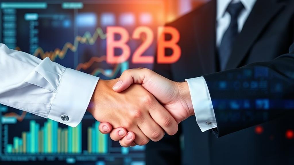 A professional handshake between two businesspeople against a backdrop of digital graphs and charts, symbolizing B2B transactions.