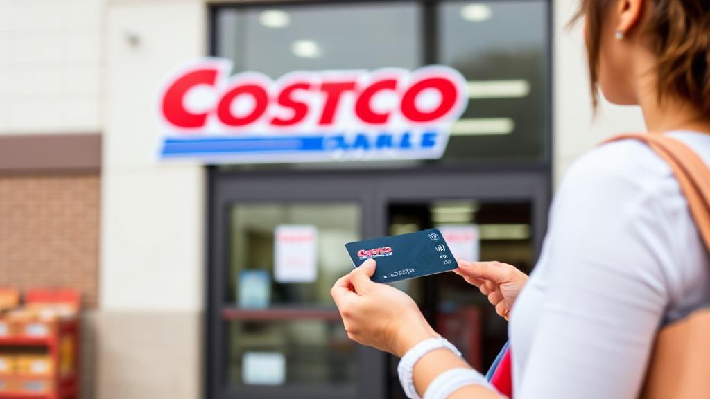 A shopper holding a credit card stands in front of a Costco entrance, with the store's iconic red and white logo prominently displayed.