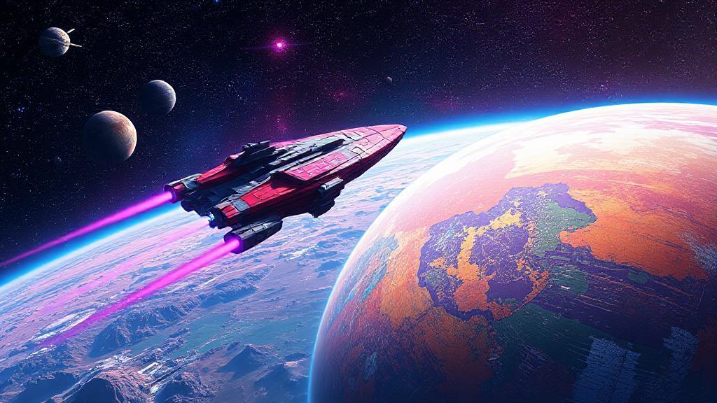 A vibrant starship soars above a colorful, alien planet with countless other worlds visible in the vast, star-filled sky.