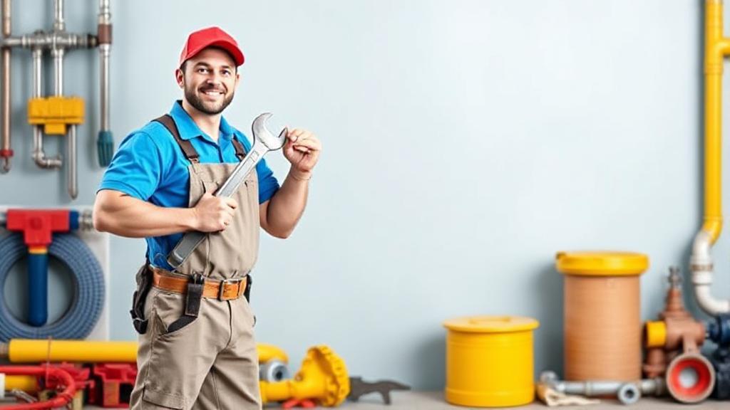 A header image featuring a plumber in uniform holding a wrench, standing next to a large dollar sign symbol, with a background of plumbing tools and pipes.