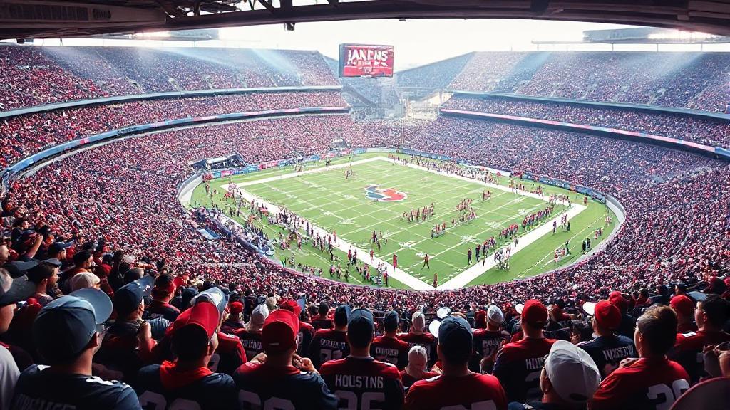 A dynamic image of a packed football stadium with fans in Houston Texans gear, capturing the excitement of a live game.