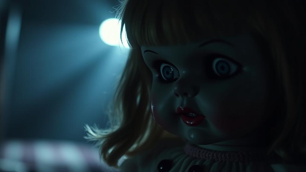 A chilling close-up of the Annabelle doll, set against a dimly lit background, evoking an eerie and suspenseful atmosphere.