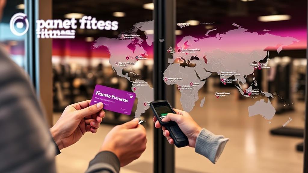 A person scanning their Planet Fitness membership card at the entrance of a gym, with various gym locations marked on a world map in the background.