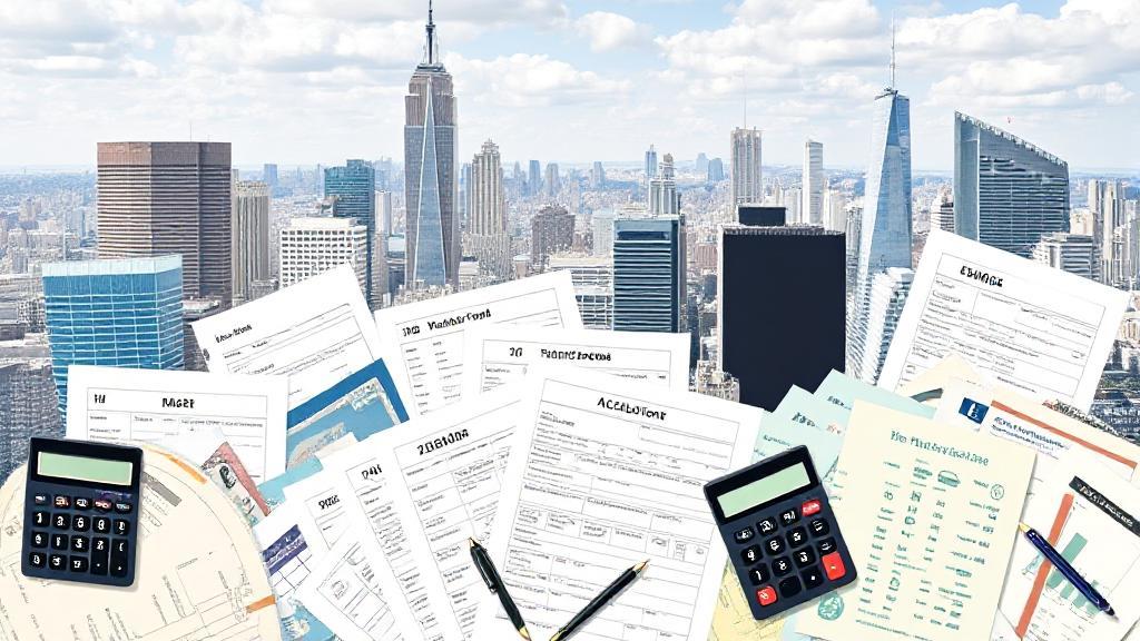 A diverse collage of tax forms, calculators, and financial documents set against a backdrop of iconic city skylines.