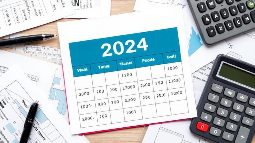 A calendar marked with important tax filing dates for 2024, surrounded by financial documents and a calculator.