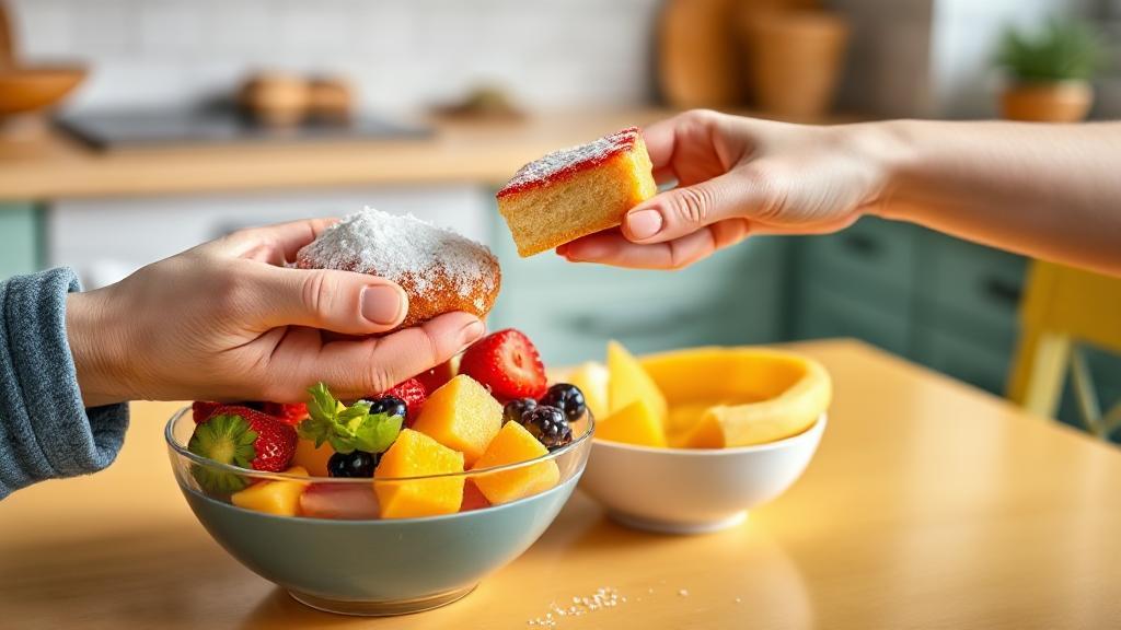 A vibrant header image showing a hand swapping a sugary dessert for a bowl of fresh fruit on a bright kitchen table.