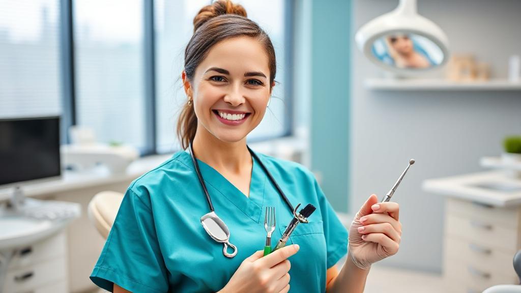 A professional dental assistant in scrubs, smiling while holding dental tools in a modern dental office setting.