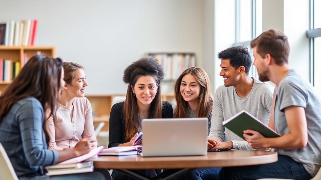 A diverse group of students engaged in a lively discussion, surrounded by books and laptops, symbolizing the interdisciplinary nature of social work studies.