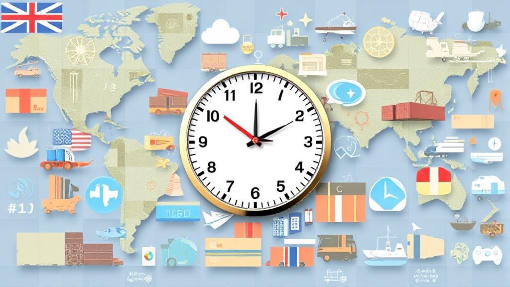 A collage of various international shipping icons and a clock overlay, symbolizing global delivery and time management.