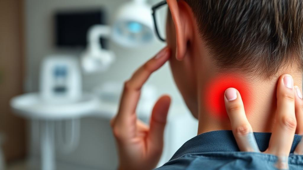 A close-up image of a person gently touching their cheek, indicating discomfort in their back teeth, with a soft-focus background of a dental clinic.