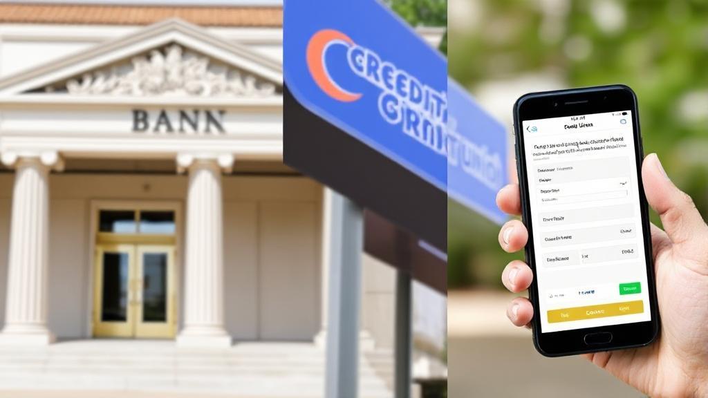 A collage of a bank building, a credit union sign, and a smartphone displaying a loan application.