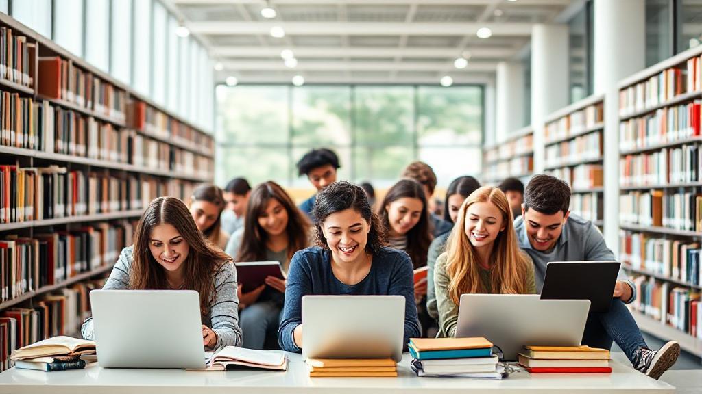 A diverse group of students studying in a modern library, surrounded by books and laptops, symbolizing the journey to earning a business degree.