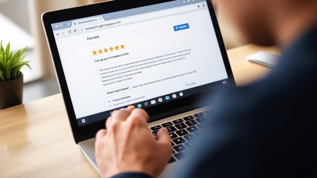 A person using a laptop, focused on the screen displaying a Google review page, with a cursor hovering over the "flag as inappropriate" option.