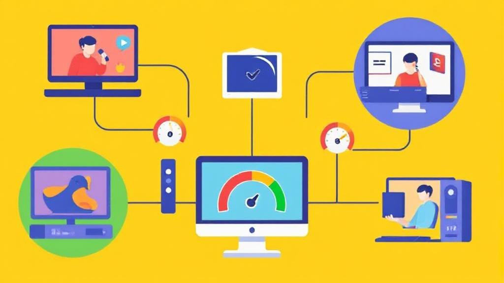 A vibrant illustration depicting various internet activities, such as streaming, gaming, and video conferencing, with speedometer icons indicating optimal download speeds.