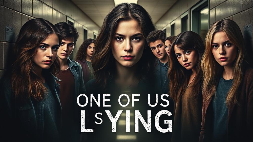 A captivating collage of the main characters from "One of Us Is Lying," set against a backdrop of a high school hallway, hinting at mystery and intrigue.