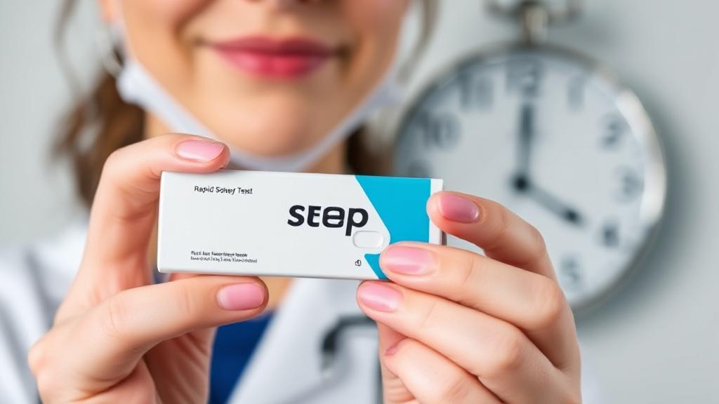 A close-up image of a medical professional holding a rapid strep test kit, with a clock in the background symbolizing the timeline for test results.