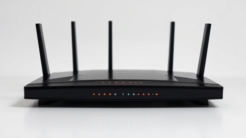A sleek, modern router with multiple antennas and LED indicators, set against a minimalist background.