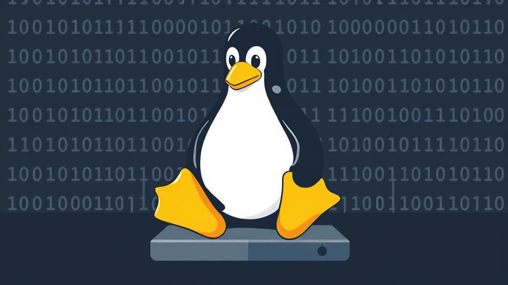 A sleek, modern illustration of a penguin sitting on a computer, symbolizing the Linux mascot, against a backdrop of binary code and circuit patterns.