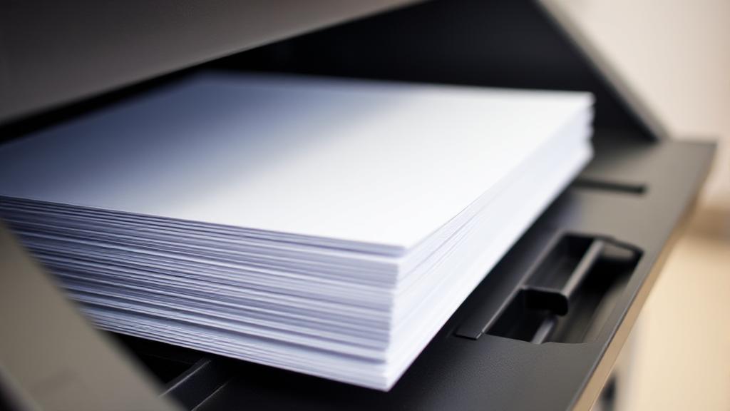 A close-up image of a printer output tray with a neatly stacked set of collated documents, showcasing the organized sequence of pages.
