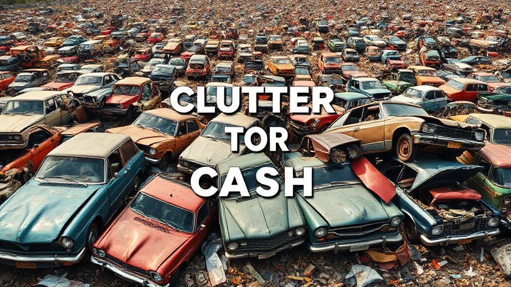 A vibrant collage of junk cars in various states of disrepair, set against a backdrop of a bustling scrapyard, symbolizing the transformation from clutter to cash.