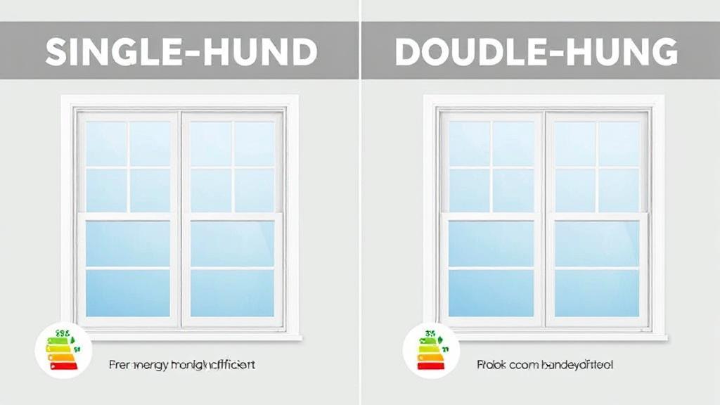 A side-by-side illustration of single-hung and double-hung windows highlighting their energy efficiency features.