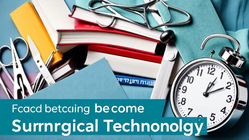 A dynamic collage of surgical instruments, textbooks, and a clock, symbolizing the journey and time commitment to becoming a surgical technologist.