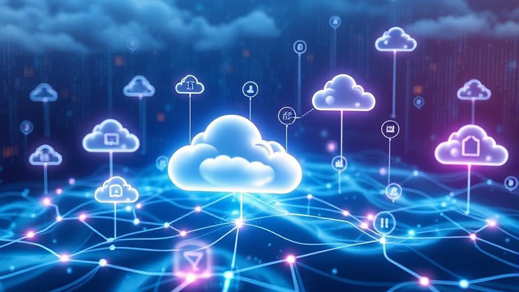 A futuristic digital landscape with interconnected cloud icons and data streams representing the concept of cloud computing technologies.