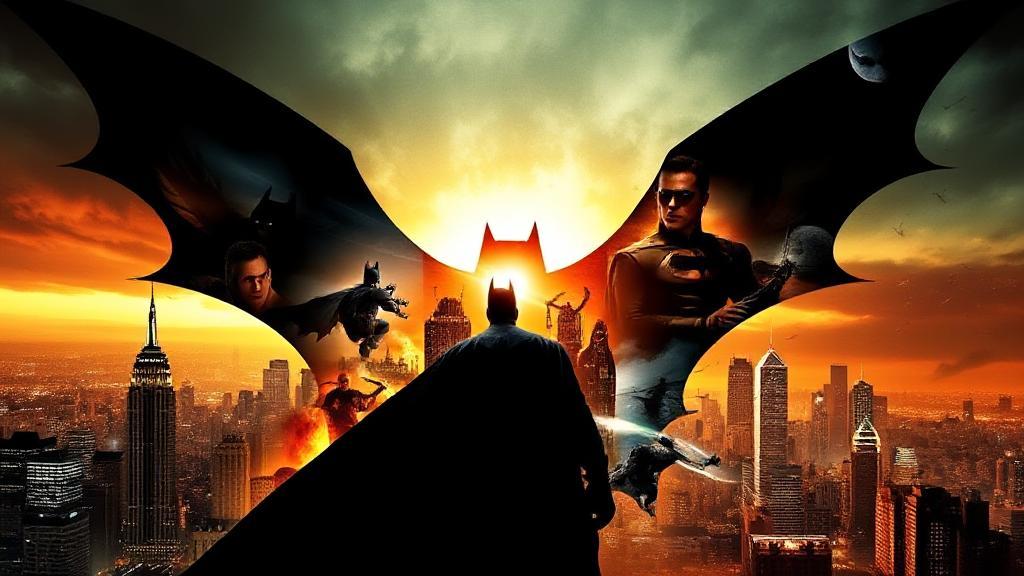 A dynamic collage of iconic scenes from "Batman Begins," featuring the Dark Knight silhouetted against Gotham's skyline, symbolizing the film's thrilling and transformative journey.