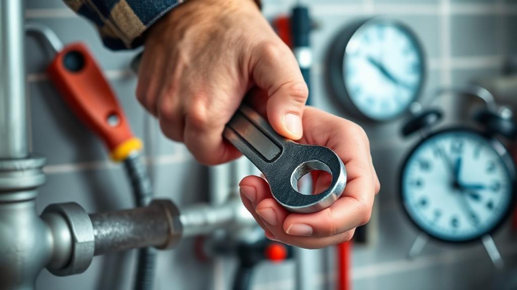 A close-up image of a plumber's hands working with a wrench on a pipe, with a blurred background of plumbing tools and a clock showing the current time.