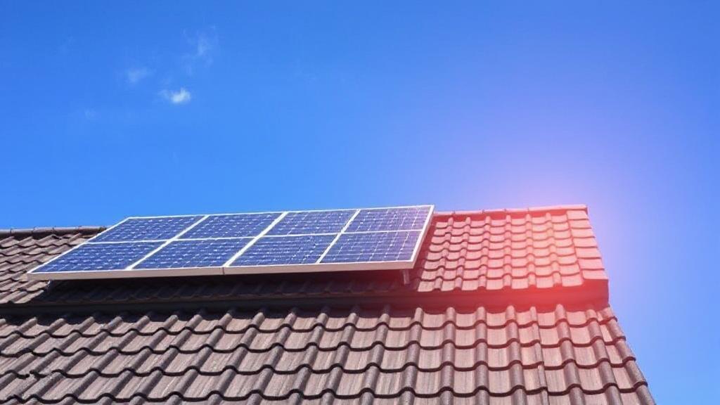 A rooftop adorned with gleaming solar panels under a bright blue sky, symbolizing sustainable energy and cost efficiency.