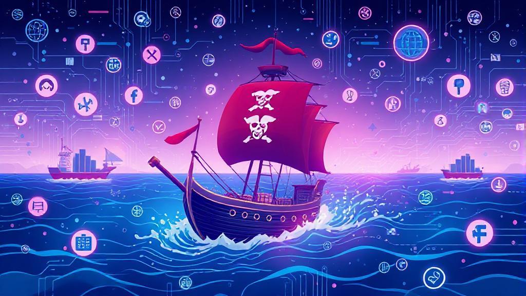 A dynamic illustration of a digital pirate ship navigating through a sea of shipping icons and data streams.